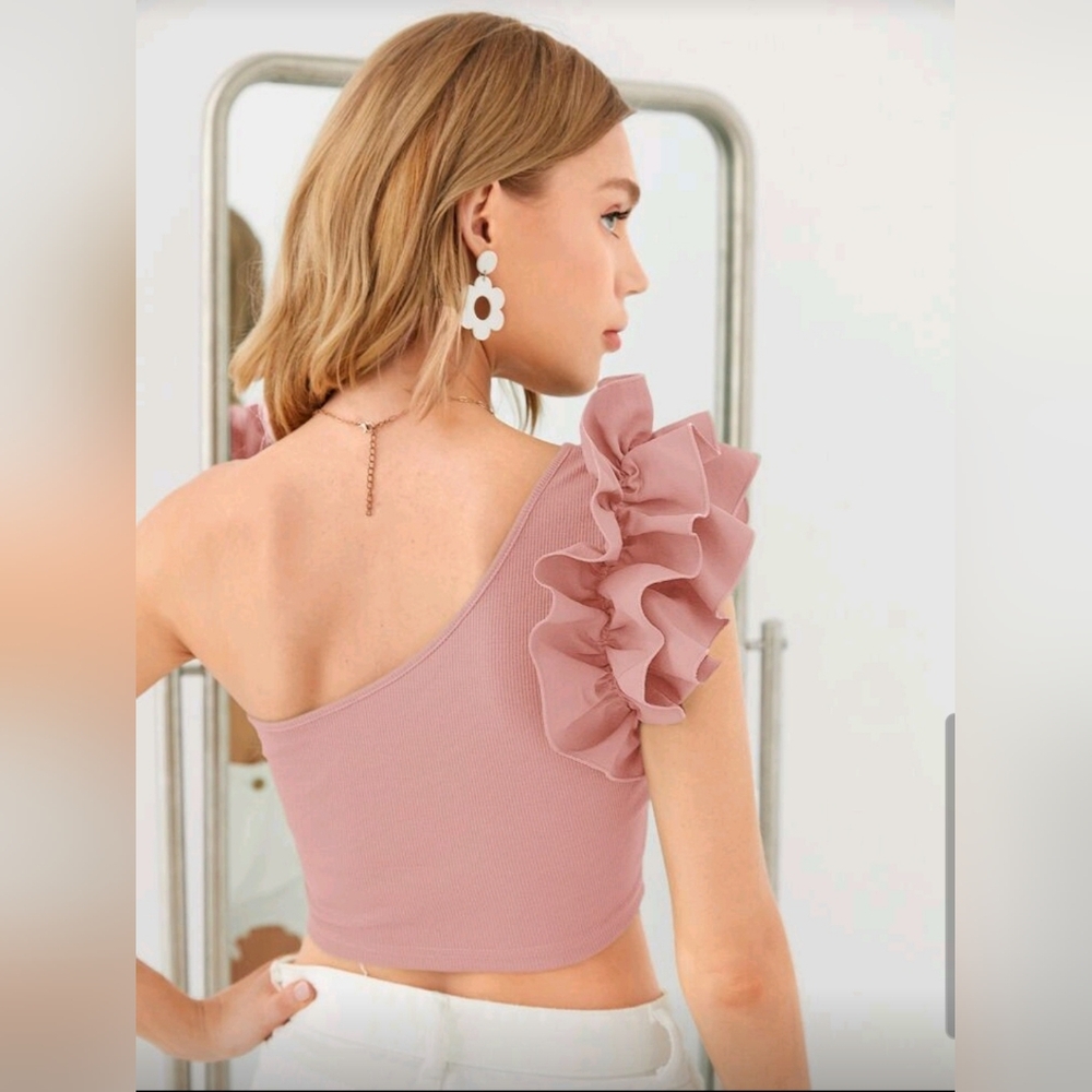 SHEIN Pink One-Shoulder Ruffle Crop Top - Picture 2 of 5